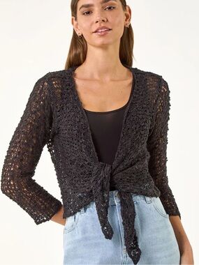 Kaktus Black Open Knit Tie-Front Cardigan Shrug  Size Large